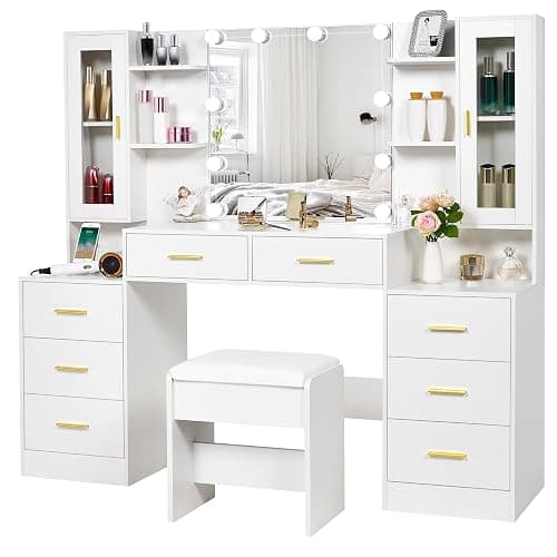 ANWBROAD 59.1" Large Vanity Desk with Mirror & Lights White Makeup Vanity Set with Power Outlet and 8 Drawers 3 Lighting Modes Adjustable Dressing Table for Girl Women Bedroom Dressing Room UBDT67W thumbnail 9