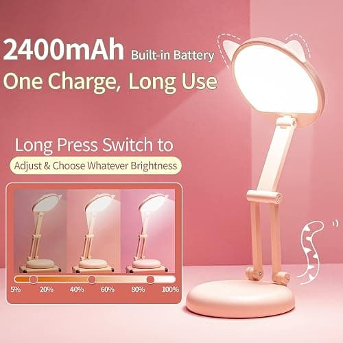 One Fire Cute Desk Lamp Pink Dorm Lamps for College Girls Foldable Portable Rechargeable Dimmable Cute Cat Lamp Kawaii Room Decor,College Dorm Decor for Girls Pink Classroom Essentials thumbnail 3