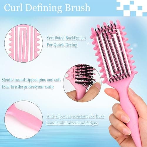 Curly Hair Brush,Curl Defining Brush plus 3 Pieces Hair Styling Comb Set(Slick Back Hair Brush,Rat Tail Comb,Edge Bristle Brush) Lightweight Vented for Combing, Shaping, Styling(Pink) thumbnail 3