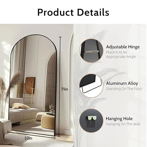 Beauty4U 71" x 32" Arched Full Length Mirror, HD Tempered Glass Floor Mirror with Black Aluminum Frame, Standing/Leaning/Wall Mounted Mirror for Bedroom, Dressing Room & Living Room thumbnail 3