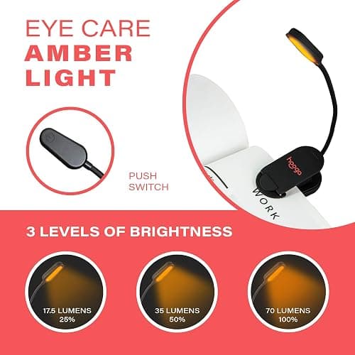 hooga Amber Book Light, Rechargeable Clip-On Blue Light Blocking LED Reading Light, 1600K Warm Eye Care for Bed, Students, Kids, Travel, Nursing, Studying thumbnail 3