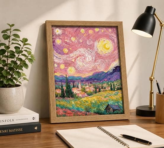 Framed Impressionist Pink Starry Sky Rural landscape Canvas Wall Art | Vibrant Colors Landscape Decor Picture Romantic Countryside Mountain Field Poster Prints for Art Lover Room Home Decoration thumbnail 8