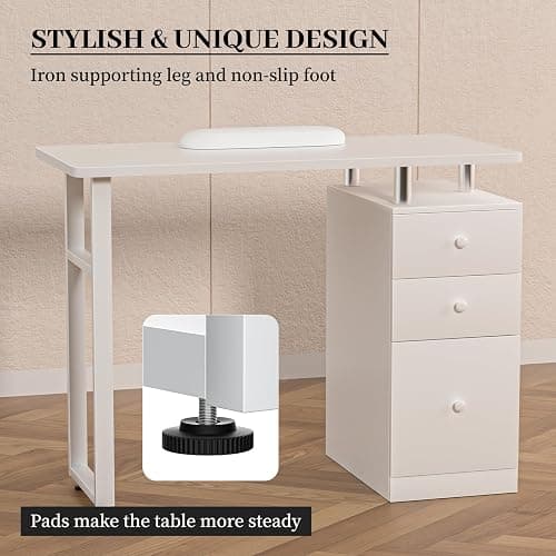 Charmmade Nail Desk, White Manicure Table with Wrist Cushion | Beauty Salon Nail Desk, Acetone Resistant Nail Station, Storage Drawers & Cabinets, for Beauty, Salon, Spa Makeup (03White) thumbnail 4