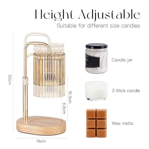 Candeldo Candle Warmer Lamp with Timer: Candle Warmer with 2 Bulbs Height Adjustable Dimmable Wax Melt Gold House Warming Gifts New Home Bedroom Kitchen Decor Gifts for Women thumbnail 2