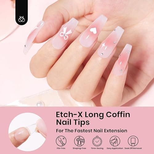 Beetles Coffin Long Gel Nail Tips –Pre-Etched Half Matte Full Cover, 288 Pieces, Pre-Shaped in 12 Sizes for Press-On Extensions thumbnail 2