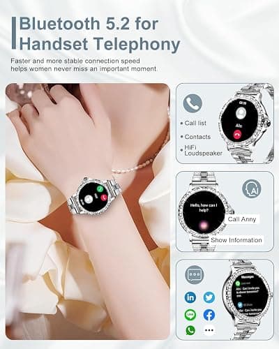 Smartwatch Donna, 1,3'' HD Orologio Smart Watch Diamante con Chiamate BLE5.2/2 Cinturini/110+ Sport/Sonno/Cardiofrequenzimetro, Orologio Digitale IP68 per Android iOS, Regalo Donna, Argento thumbnail 3
