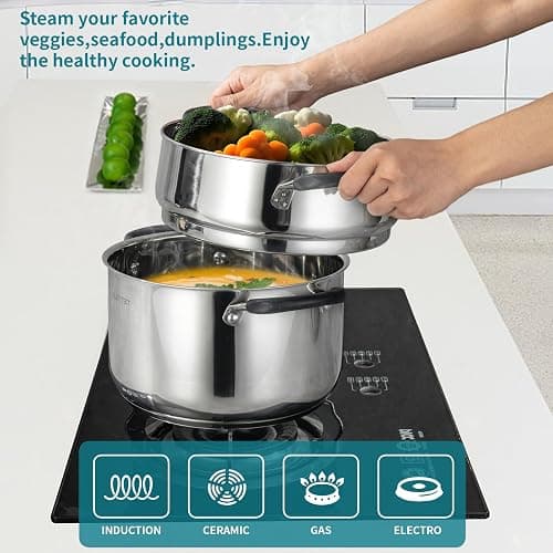 SLOTTET 6 Quart Stainless Steel Stock Pot with Steamer,6 Qt Multipurpose Stockpot with Stay-cool silicone Handle and Glass Lid,Soup Pot for Cooking thumbnail 5