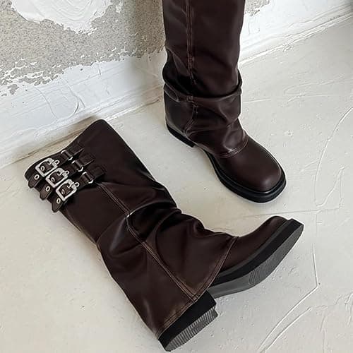 MAVMAX Women Slouchy Knee High Boots Casual Round Toe Pull On Riding Biker Boots Fold Over Chunky Low Heel Platform Boot thumbnail 4