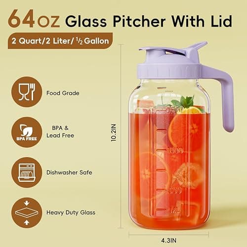 Glass Mason Jar Pitcher, 64 oz Wide Mouth Jug with Pour Spout Handle Lid for Cold Brew Coffee, Ice Beverage, Iced Juice, Lemonade, Sun Tea, Fruit Drinks Container(Purple) thumbnail 3