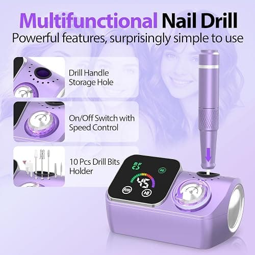PYVOLA Professional Electric Nail Drill E-File Machine - 45,000 RPM Corded Nail Drills Kit with Low Noise & LED Display for Shaping, Removing & Polishing Acrylic Gel Nails for Salon Home thumbnail 3