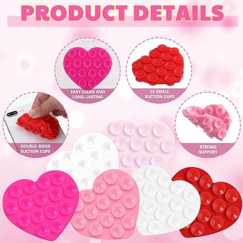 Teenyyou 6 Pcs Heart Suction Phone Grip, Silicone Suction Phone Case Sticky Mount Double Sided Hands-Free for Selfies Videos Mobile Devices Mirror Glass(Pink Series) thumbnail 7