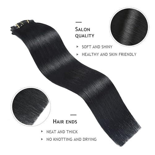 YILITE Clip in Extensions Echthaar 35cm 100% Echthaar Extensions Clip 14 Zoll 8 Stück 110g Unsichtbar Glatt Zum Anklippen Menschenhaar Doppelt Genäht (35cm #1 Tief Schwarz) thumbnail 4