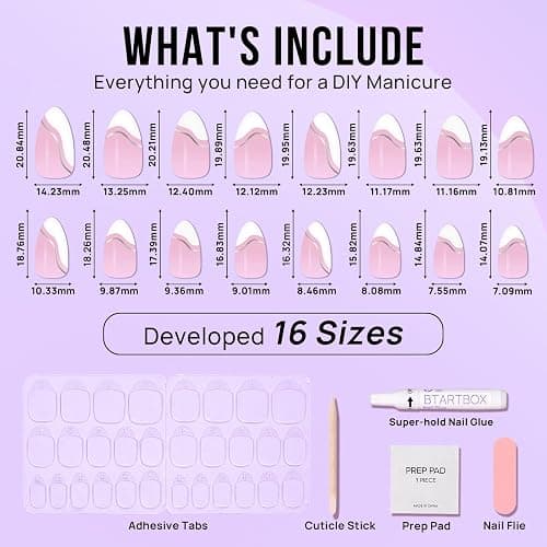 BTArtbox Press On Nails Almond - Swirl French Tip Press On Nails Short for Gifts, Nail Tips, Pink Fake Nail with Glue, Glue On Nails in 16 Sizes - 30 Nail Kit, Tiny Silver - X-Tiny Silver thumbnail 5
