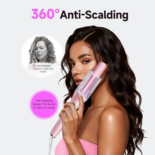 3 in 1 Automatic Curling Iron, Hair Curlers with 3 Curling Barrels (1" - 1.25" - 1.5"), Rotating Curling Iron with 3 Temp, 2-Way Rotation, 10S Fast Heating, Anti-Scald, Dual Voltage, Pink thumbnail 6