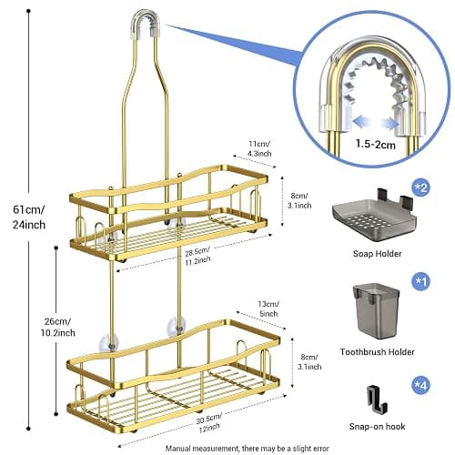 Aitatty Hanging Shower Caddy Bathroom Organizer: Rustproof Shower Shelf Racks Over Shower Head - No Drilling Inside Bath Shower Rack Shelves Over Showerhead for Shampoo with Soap Holder Gold - Gold thumbnail 2