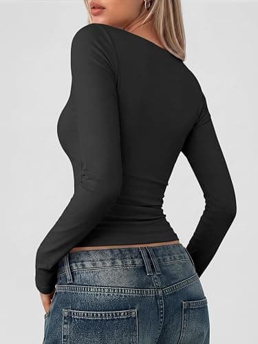 Trendy Queen Womens Square Neck Long Sleeve Shirts Double Lined Fall Tops | Buttery Soft,High Stretch,Body Hugging Fit,Essential Staple,Chic Layering Base,Office to Party Look thumbnail 4