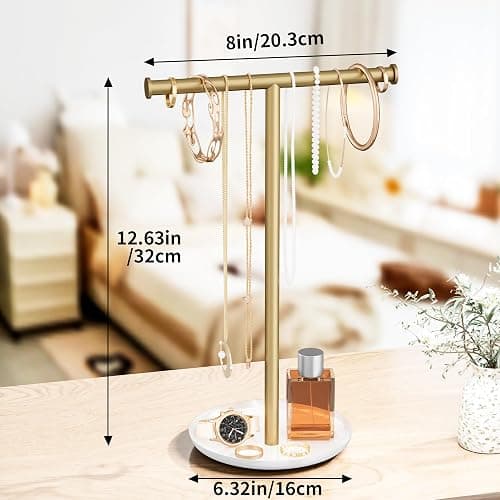 Jasopaco Gold Necklace Organizer Stand with Storage Tray - 12.6" Tall T-Shaped Jewelry Holder Stand for Bracelets, Earrings, Rings | Stylish Home & Vanity Décor for Women. thumbnail 2