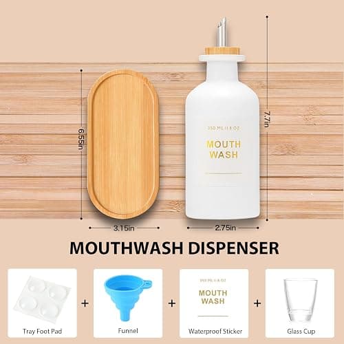 BONLONG 11.8OZ Mouthwash Dispenser for Bathroom with Bamboo & Stainless Steel Pour Spout, Mouthwash Cups Reusable, Bamboo Tray, and Elegant Gold Label. Set of 2（White thumbnail 3