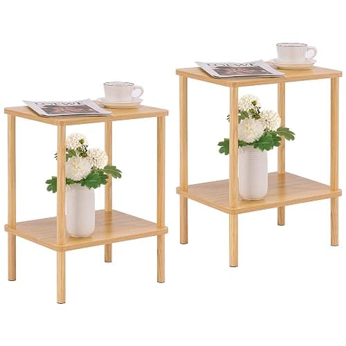 Apicizon 2 Tier End Table Set of 2, Small Side Table with Solid Wood Legs, Boho Bedside Table with Storage Shelf, Nightstand for Small Spaces, Bedroom, Living Room, Entryway, Easy Assembly, Natural - Image 1