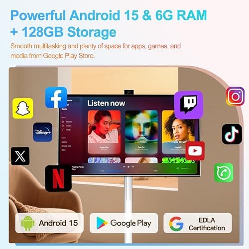 VLH 27 Inch Smart Portable TV, FHD Touch Screen Monitor on Wheels, Android 15, 6GB +128GB, Wireless Movable Display, EDLA-Certified, 13MP Camera, Speaker, 8 Hour Battery, HDMI, Voice Remote Control thumbnail 3