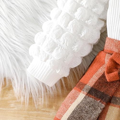 Toddler Baby Girl Plaid Dress Puff Sleeve Bow Patchwork Ribbed Shirts Dress Plaid Fall Winter Outfits with Headband thumbnail 8