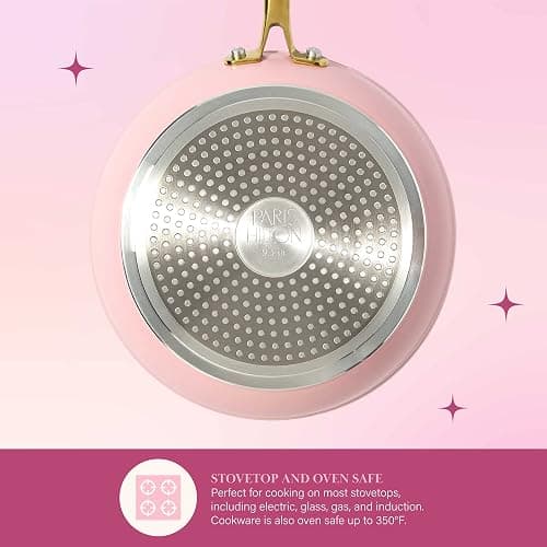 Paris Hilton Iconic Nonstick Pots and Pans Set, Multi-layer Nonstick Coating, Matching Lids With Gold Handles, Made without PFOA, Dishwasher Safe Cookware Set, 10-Piece, Pink thumbnail 6