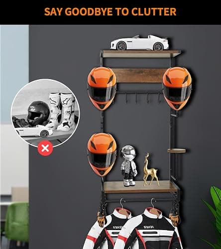 NANXITU Motorcycle Helmet Rack Wall Mount, Retro Rust Helmet Holder with Wood Floating Shelf and Hooks for Storage thumbnail 6