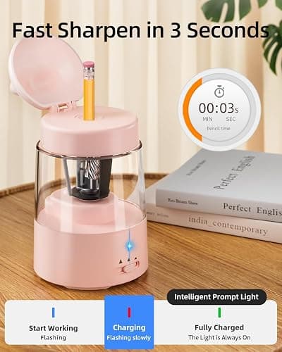ZMOL Colored Pencil Sharpener for Kids Gift, Rechargeable Electric Pencil Sharpener, Auto Stop, Pencil Sharpeners for Battery Powered Cute No.2/Colored Pencils (6-8mm), Classroom/Office/Home (Pink) thumbnail 6
