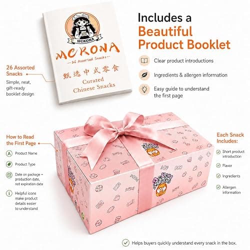 Mckona Chinese Snack Box, 26 Count Asian Snacks Variety Pack for Adults, Individually Wrapped Assorted Snack Box with Candy, Jelly, Dried Fruit, Puffed, Tofu Snacks & Savory Treats, Snack Gift Box thumbnail 7