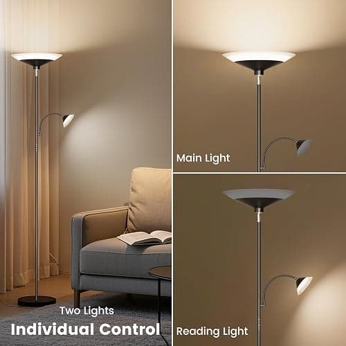 SIBRILLE RGB Torchiere Floor Lamp - 2 Way Dimmable LED Standing Lamp with Remote&Button Control, 30W Rotatable Floor Reading Light, 72'' Tall Modern Corner Lamp for Living Room Bedroom Office thumbnail 8