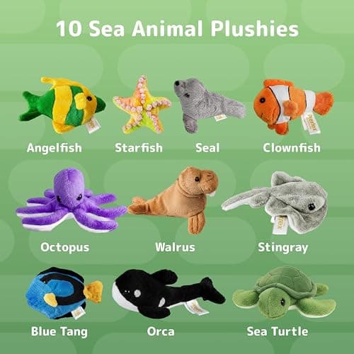 PREXTEX 10 Piece Plush Soft Stuffed Sea Animals - Small Stuffed Animals Bulk - Playset Plush Assortment, Turtle, Stingray, Nemo Fish, Killer Whale and More - Bulk Stuffed Animals thumbnail 3