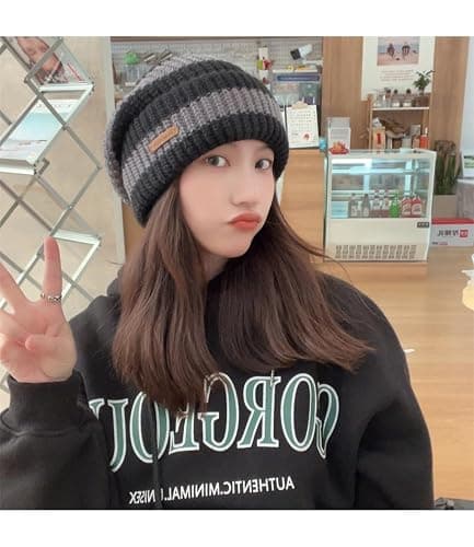 TYHOTULY Women Striped Color Block Beanies Y2k Grunge Emo Vintage Knit Fall Winter Slouchy Skull Cap Outdoor Winter Warm Hat thumbnail 3