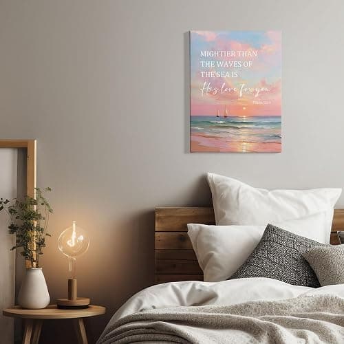 PHAMTE Christian Coastal Beach Landscape Wall Art Decor Canvas 11x14, Pink Beach Pictures Decorations, Religious Bible Verses Coastal Framed Prints Artwork for Home Bedroom Living Room Decor thumbnail 3