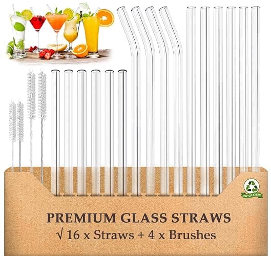 Glass Straws Drinking Reusable 20 Pack,Size 8.5''x10MM, 8.5’’x8MM and 6''x10MM,Glass Straws Shatter Resistant Including 12 Straight and 4 Bent with 4 Brushes, Reusable Glass Straw for Cocktail,Juice - Image 1