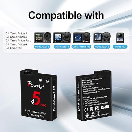 PoweLyt Osmo 360/Action 6/5 Pro/4/3 Battery 2 Packs 3.87V 2100mAh Osmo Action 5 Pro Batteries and 3 Channels Charging Station Compatible with DJI Osmo Action 6/Action 5 Pro/Action 4/Action 3,Osmo 360 thumbnail 2