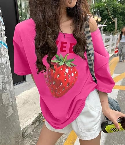 Pinclodly Off The Shoulder Tops for Women Short Sleeve Y2K Jersey Number Graphic Oversized Tshirts E-Girl Tees thumbnail 2