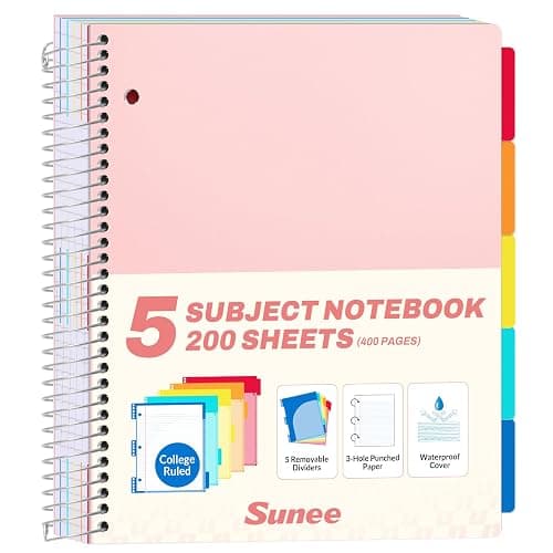 SUNEE 5 Subject Notebook College Ruled - 400 Pages, 9"x11", 5 Pocket Colored Dividers, 3-Hole Punched Paper, Pink - Image 1
