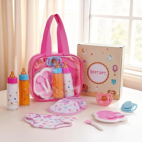 BABESIDE Baby Doll Accessories, 10 Pcs Disappearing Doll Feeding Set for Toy Stroller, Baby Care Pretend Play Kit with Magic Bottles, Pacifiers, Bib, Diaper & Carry Bag for 12–15 Inch Dolls - Image 1
