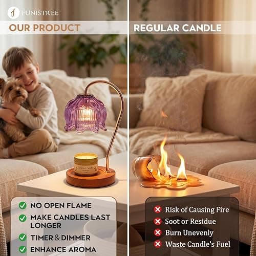 Flower Candle Warmer Lamp with Timer & Dimmer, Adjustable Height Candle Warmer, Christmas Birthday Gifts for Women Mom, House Warming New Home Decor, Wax Warmer for Jar Candles - Full Purper Set thumbnail 5