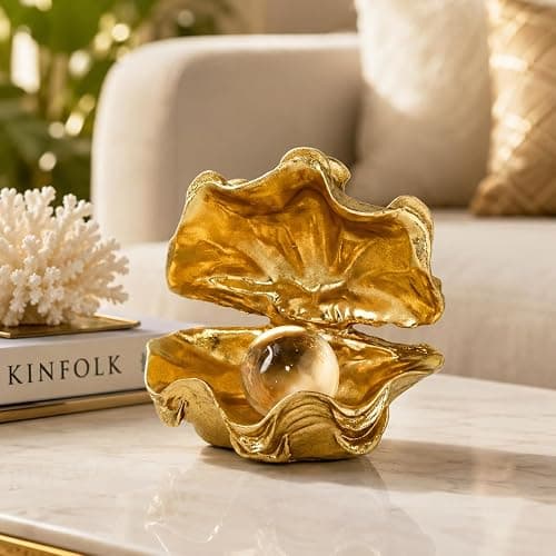 Zhao Xiang Pearl Oyster Statues Home Decor Accent Gold Decorations | Coastal Resin Gold Decor Figurine, Seashell Decor for Gold Desk Accessories, Bathroom Decorations, Dressing Table Shelf Decor thumbnail 4