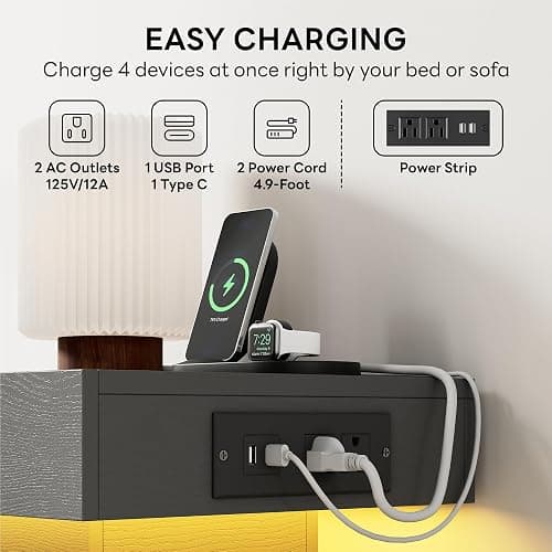 LIKIMIO Night Stand with Charging Station, Modern Grey Nightstand with LED Light and Drawers, Bedside Tables/End Table for Bedroom thumbnail 5