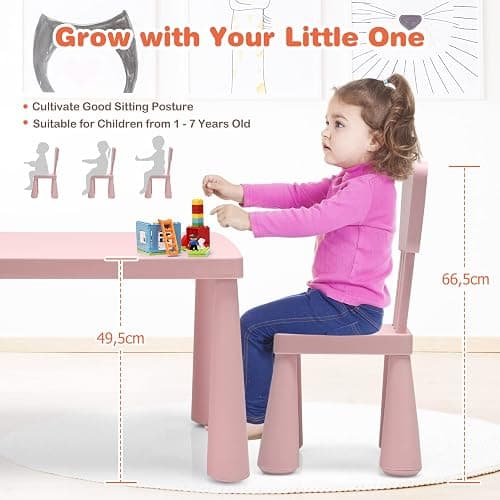 LIFEZEAL Set Tavolo e Sedie per Bambini 1-7 Anni, Tavolino Multiattivita in Plastica Rettangolare, Piccoli con Schienale con Capacità di 50 kg (rosa) thumbnail 3