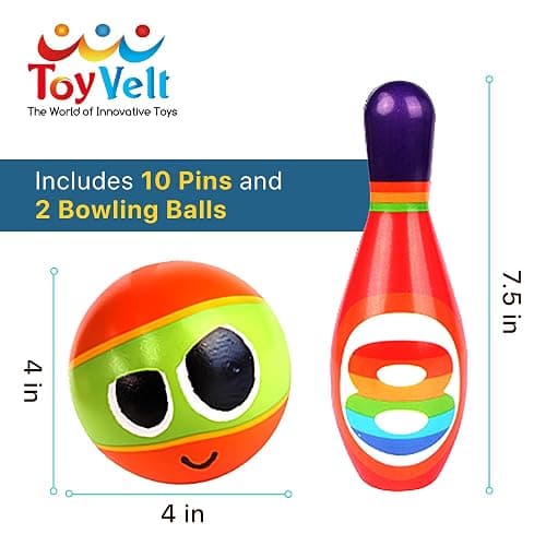 ToyVelt Kids Bowling Set - with 10 Bowling Pins & 2 Balls - Educational Early Development Indoor & Outdoor Games Set - for Toddlers & Infants Boys & Girls Ages 3,4,5-12 Years Old thumbnail 2