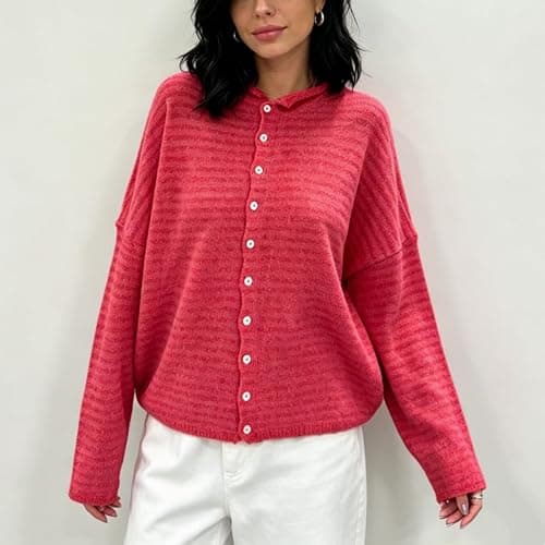 Women Knit Cardigan Sweaters Long Sleeve Button Down Loose Top | Striped Cardigans Women Casual Knitted Oversized Sweaters Y2k Vintage Jumper Knitwear Shirt Outwear Going out Top Streetwear thumbnail 2