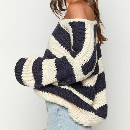 Women Oversized Striped Long Sleeve Sweaters Drop Shoulder Color Block Knit Pullover y2k Fall Loose Jumper Tops thumbnail 3