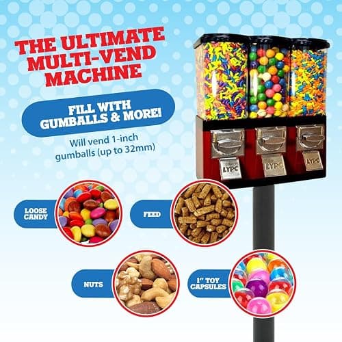 Red Triple Compartment Commercial Vending Machine for 1 inch Gumballs, 1 inch Toy Capsules, Bouncy Balls, Candy, Nuts with Stand by American Gumball Company - Triple Compartment thumbnail 3