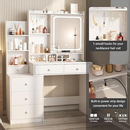Vabches Vanity Desk with Mirror and Lights, Makeup Vanity with 6 Drawers and Shelves, Dressing Table with Power Outlet, Makeup Desk with Led Lighted Mirror in 3 Colors, for Bedroom, White thumbnail 4