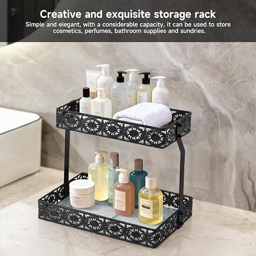 xiaojuande-Two Layer Glass Storage Tray with Portable Dressing Table Skin Care Product Organization Rack Corner Storage Rack for Bathroom Counter High-end Light - (Black) thumbnail 4