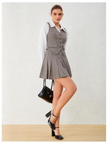 Milumia Women's Plaid Skirt Sets 2 Piece Outfits Blazer Vest Top and Pleated Mini Skirt Suit thumbnail 5