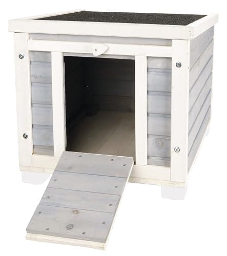 TRIXIE Small Outdoor Cat House, Weatherproof Cat Home with Raised Floor, Hinged Asphalt Roof & Covered Opening, Outdoor Shelter for Cats and Small Animals, Gray & White Fir Wood thumbnail 3
